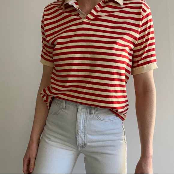 Contemporary Casuals Tops - Vintage 70s Contemporary Casuals Red & White Striped Polo Shirt Size Large